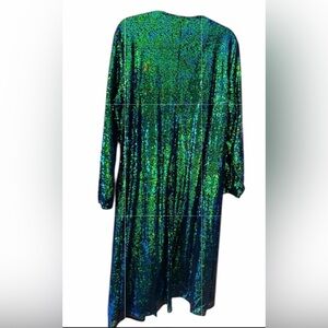 Kancy Kole XL open front light cardigan with green sequence.